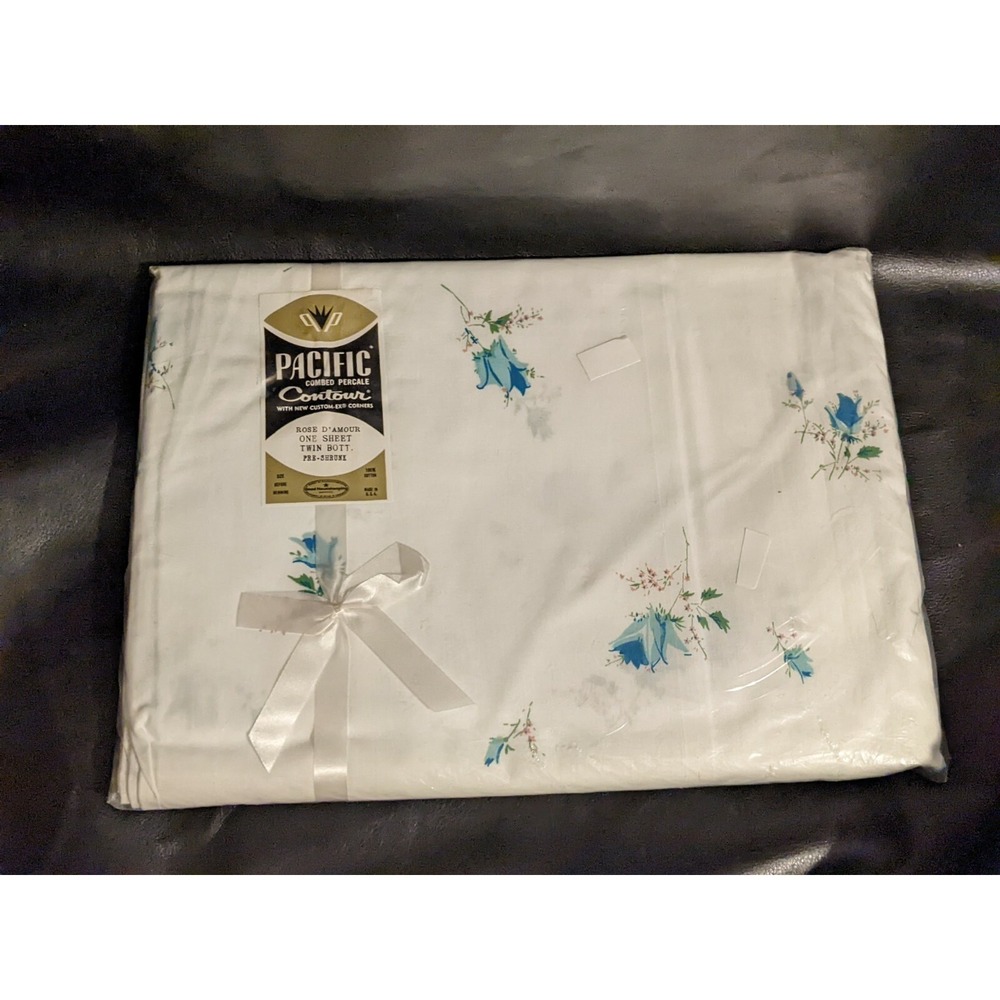 Vintage Pacific Rose d'Amour Twin Fitted Sheet Blue Floral Combed Percale Cotton